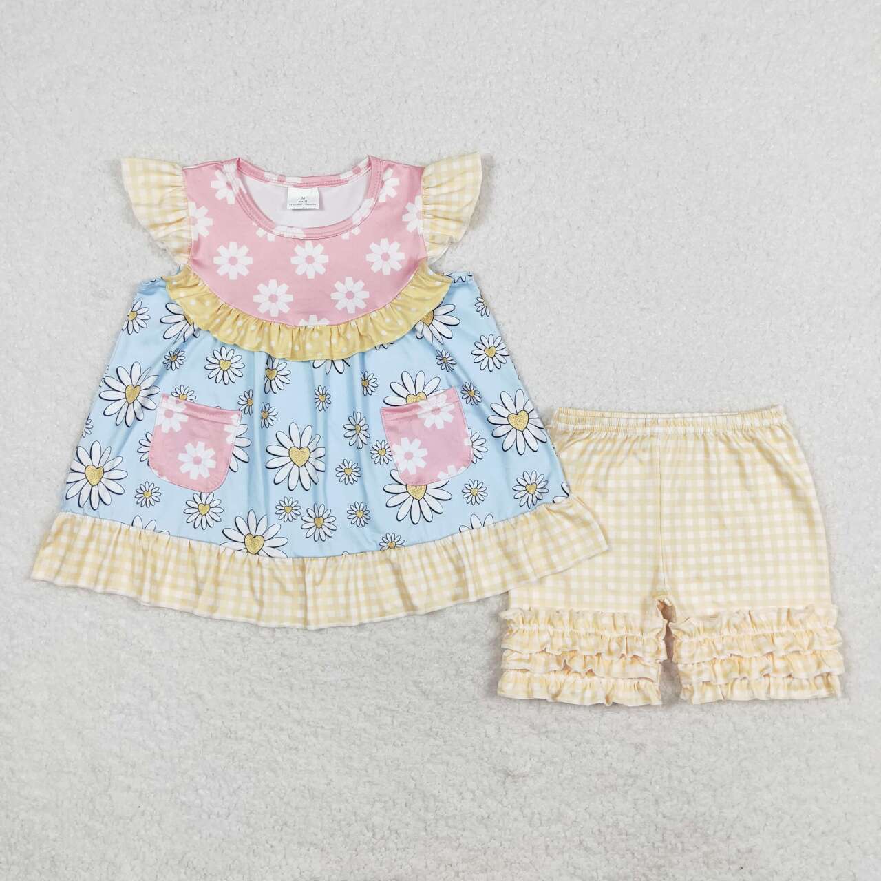 GSSO1036  Flowers Pockets Tunic Top Ruffles Shorts Girls Summer Clothes Set
