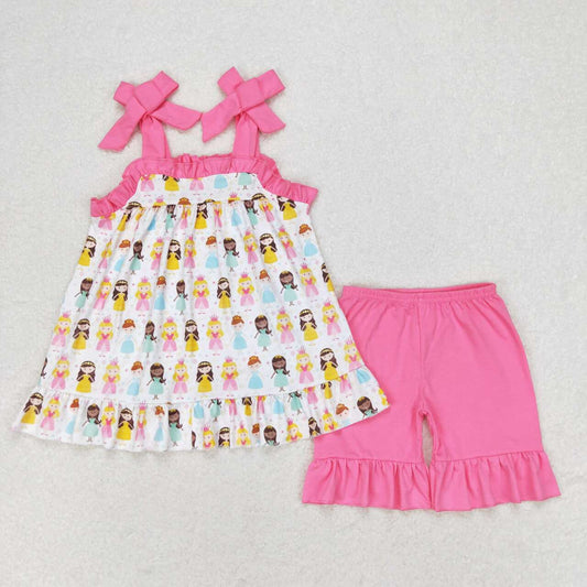 GSSO1045  Princess Strap Top Ruffle Shorts Girls Summer Clothes Set