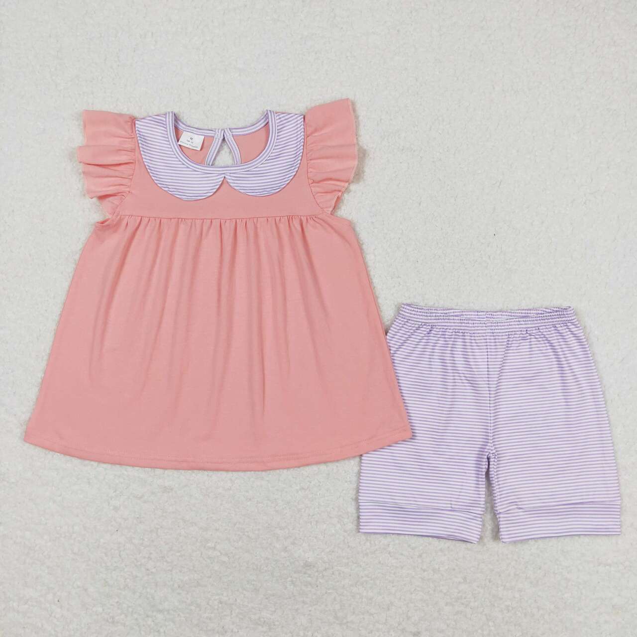 GSSO1066  Pink Top Purple Stripes Shorts Girls Summer Clothes Set