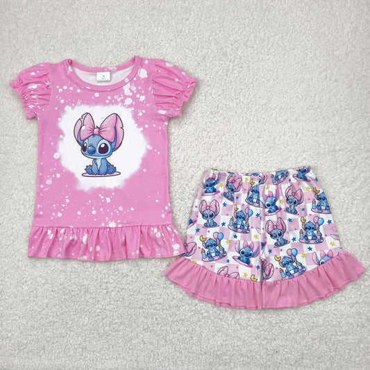 GSSO1071  Pink Cartoon Stitc* Print Girls Summer Clothes Set