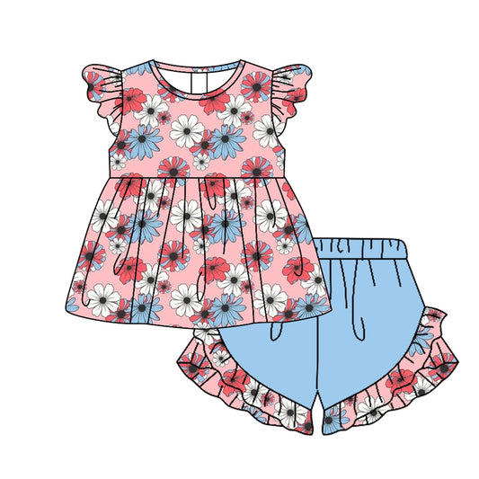 (Pre-order)GSSO1081  Flowers Top Ruffle Shorts Girls Summer Clothes Set