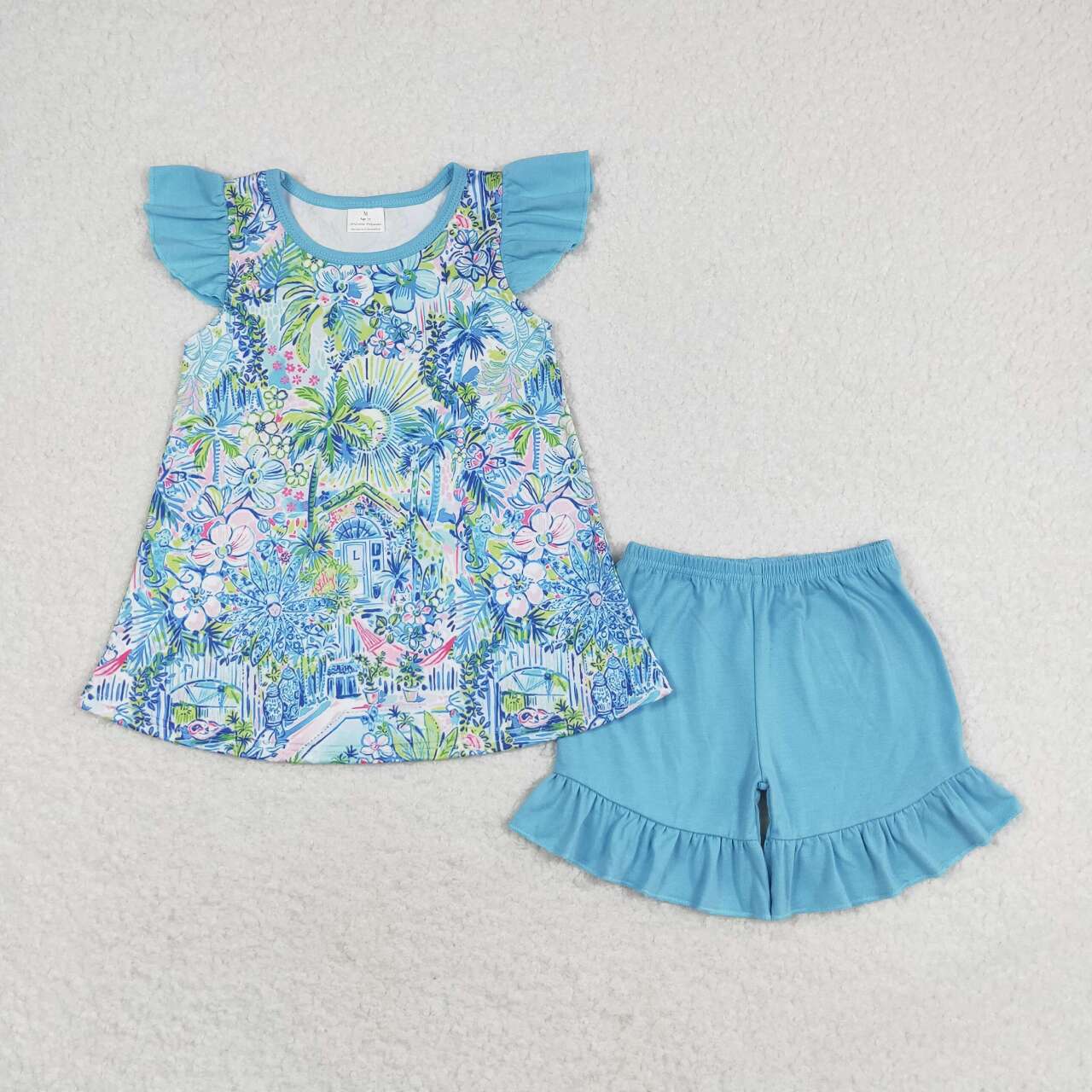 GSSO1084 Blue Flowers Top Ruffle Shorts Girls Summer Clothes Set