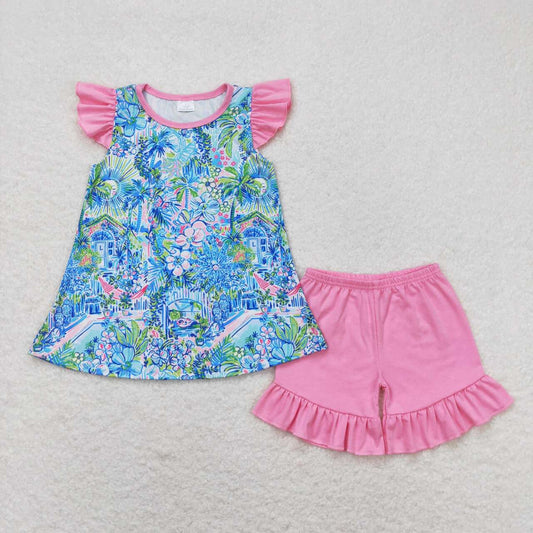 GSSO1085 Blue Flowers Top Pink Shorts Girls Summer Clothes Set