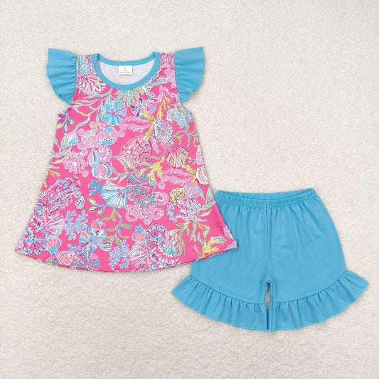 GSSO1086 Hot Pink Shell Seaweed Top Blue Shorts Girls Summer Clothes Set