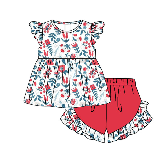 (Pre-order)GSSO1093 Flowers Tunic Top Ruffle Shorts Girls Summer Clothes Set