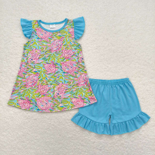 GSSO1095 Turtle Seaweed Top Blue Shorts Girls Summer Clothes Set
