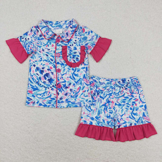 GSSO1096 Purple Turtle Seaweed Print Girls Summer Pajamas Clothes Set