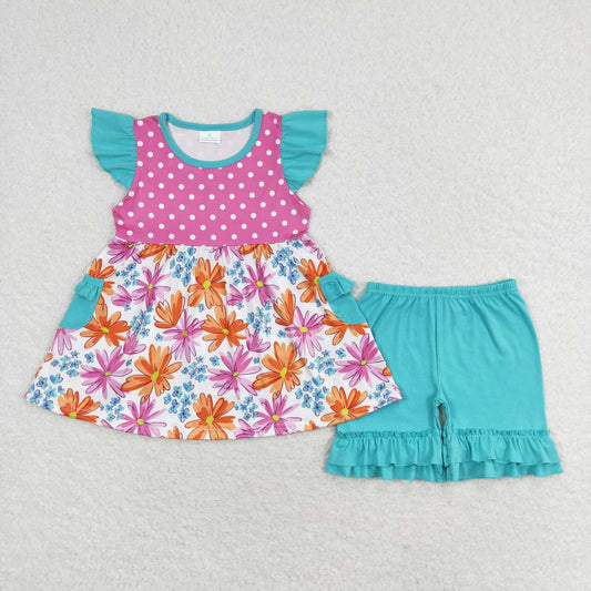 GSSO1100 Hotpink Flowers Top Green Shorts Girls Summer Clothes Set