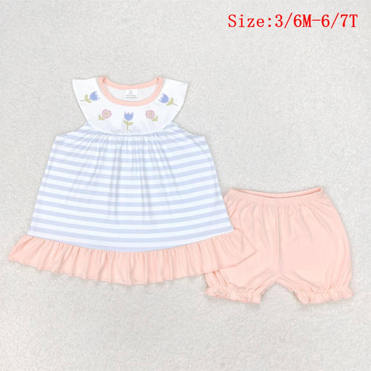 GSSO1101  Flowers Stripes Top Pink Shorts Girls Summer Clothes Set