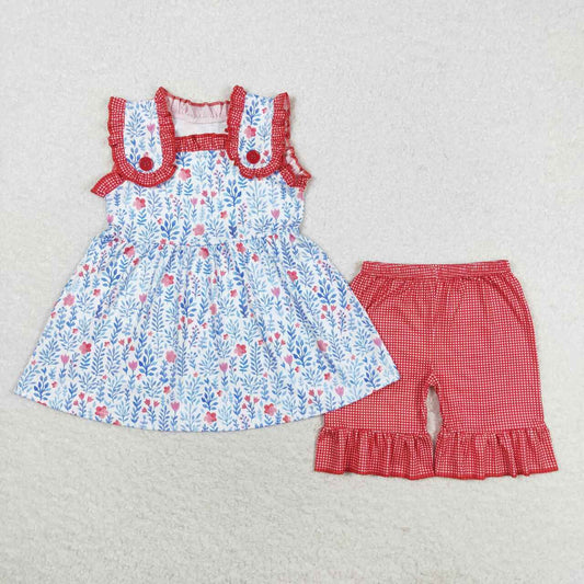 GSSO1112 Pink Flowers Blue Leaf Tunic Top Ruffle Shorts Girls Summer Clothes Set
