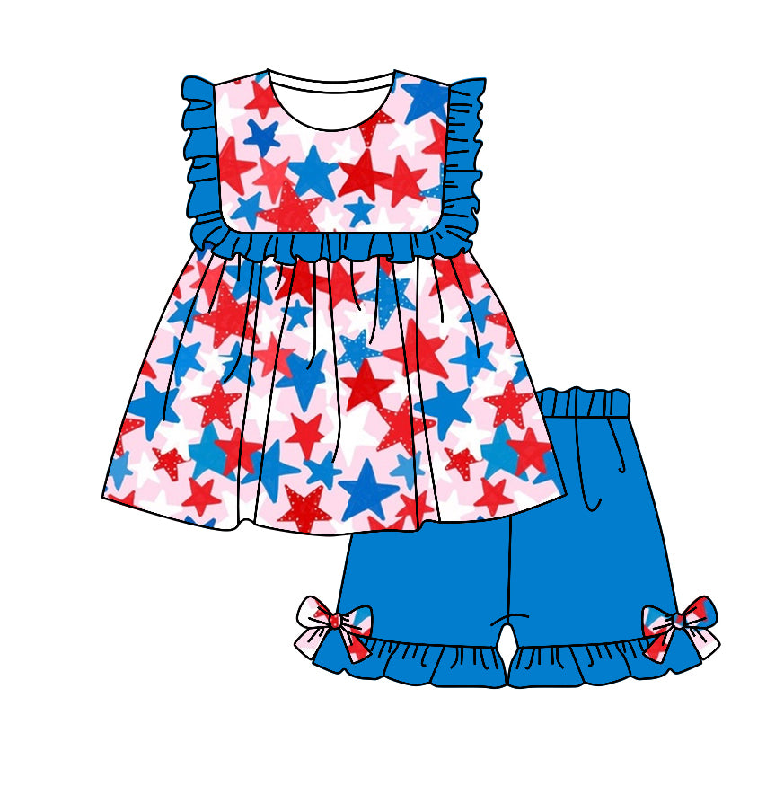 (Pre-order)GSSO1114 Stars Tunic Top Ruffle Shorts Girls 4th of July Clothes Set