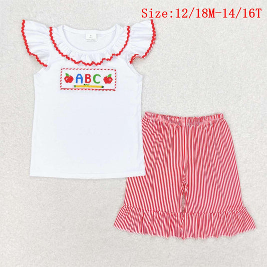 GSSO1115 ABC Apple Pen Embroidery Top Ruffle Shorts Girls Back to School Clothes Set