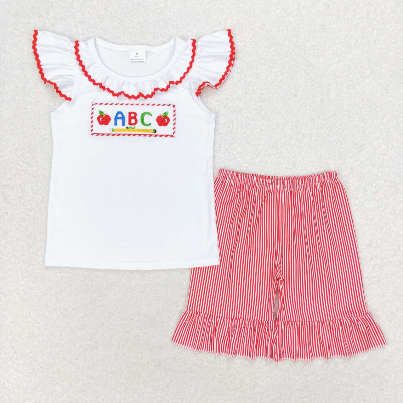 GSSO1115 ABC Apple Pen Embroidery Top Ruffle Shorts Girls Back to School Clothes Set