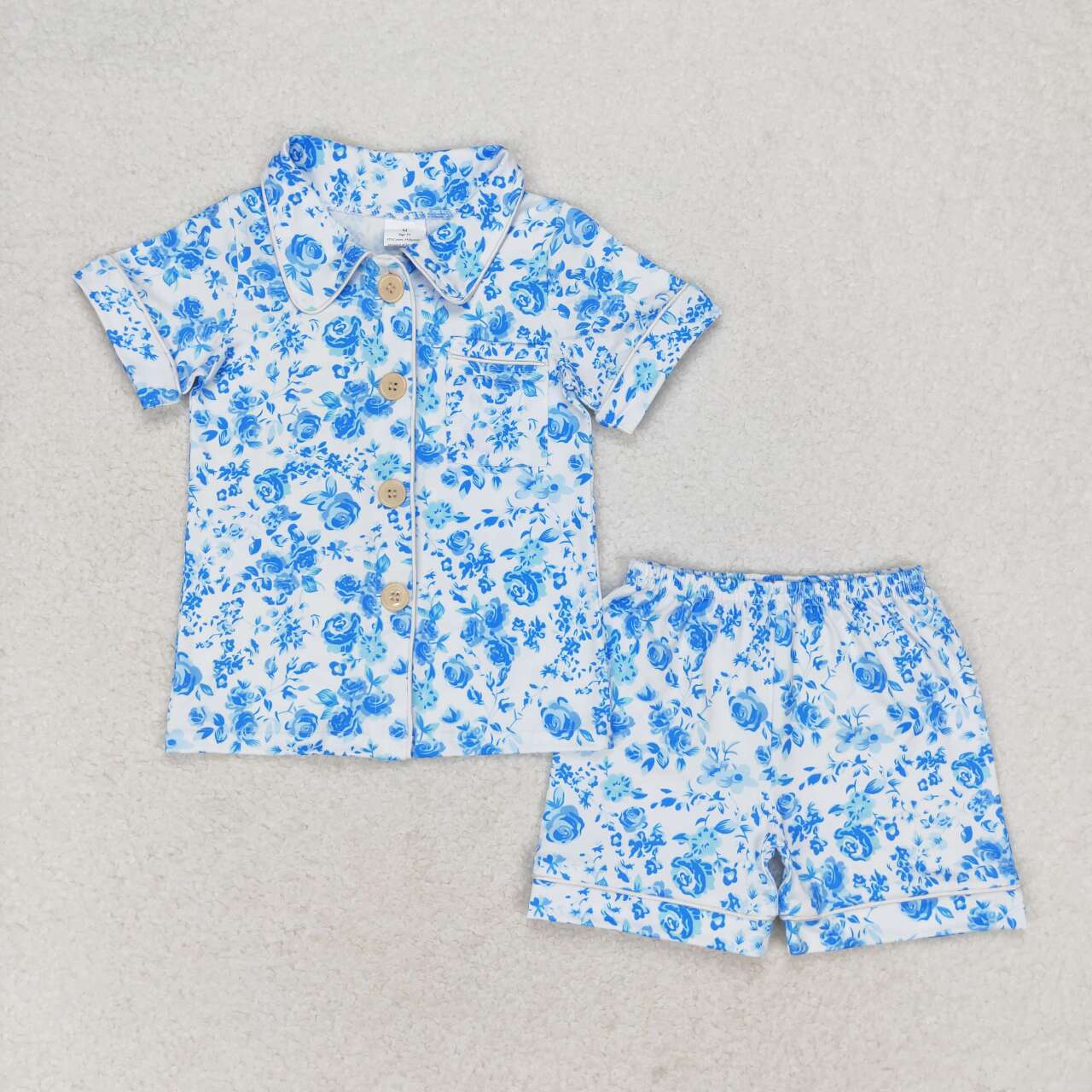 GSSO1120  Blue Flowers Print Girls Summer Pajamas Clothes Set