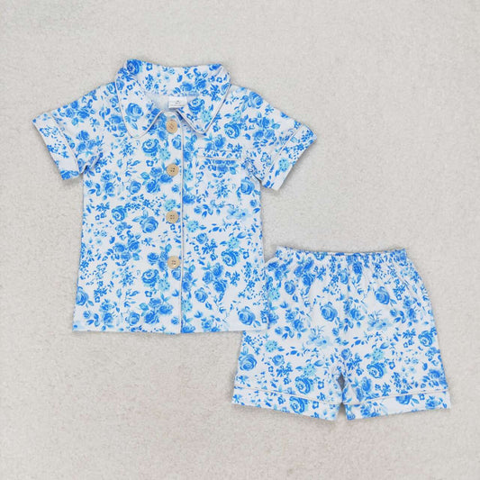 GSSO1120  Blue Flowers Print Girls Summer Pajamas Clothes Set
