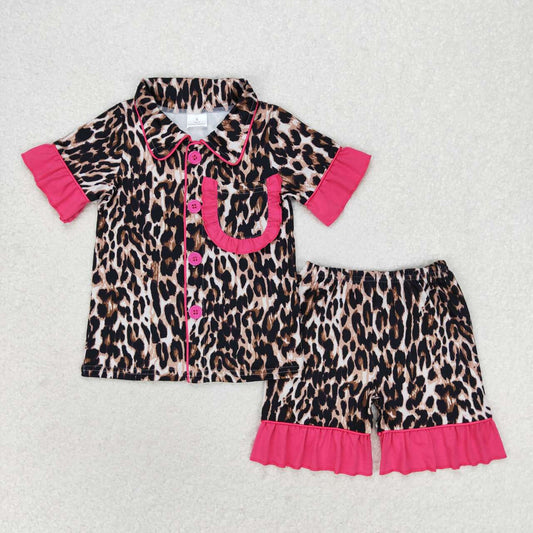 GSSO1121  Leopard Print Girls Summer Buttons Pajamas Clothes Set