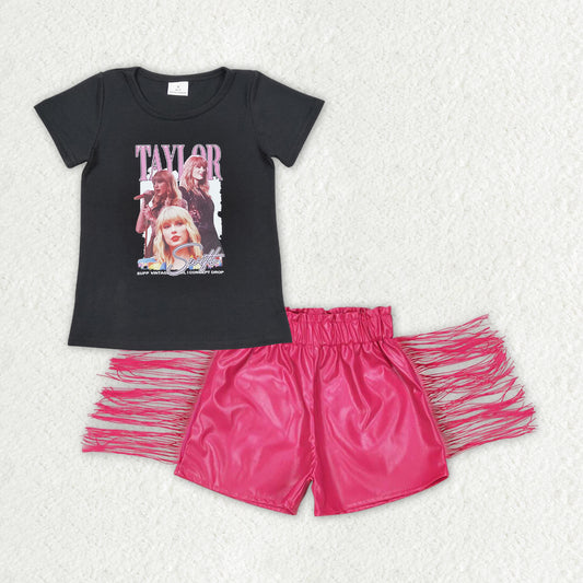 GSSO1123 Singer Swiftie Black Top Hot Pink Tassels Leather Shorts Girls Summer Clothes Set