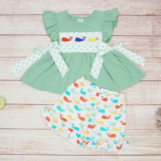 (Pre-order)GSSO1126  Whale Print Green Tunic Top Ruffle Shorts Girls Summer Clothes Set