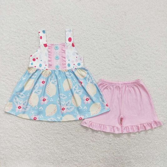 GSSO1133  Lemon Tunic Top Pink Shorts Girls Summer Clothes Set