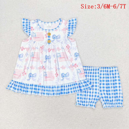 GSSO1139  Blue Bows Flags Tunic Top Plaid Shorts Girls 4th of July Clothes Set