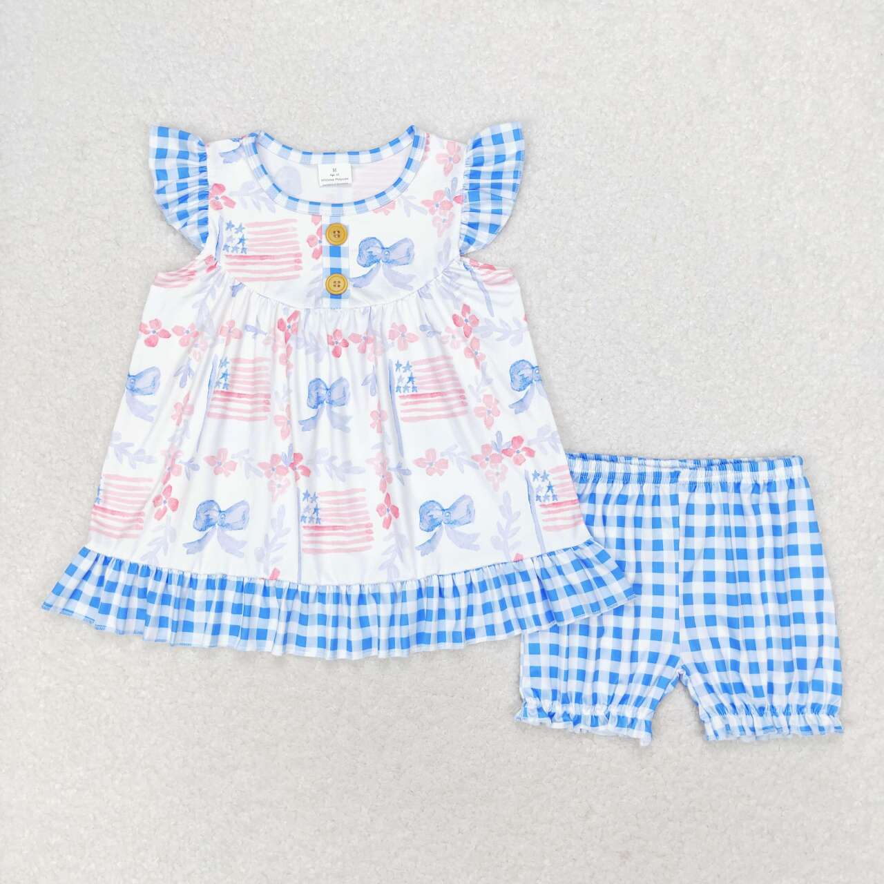 GSSO1139  Blue Bows Flags Tunic Top Plaid Shorts Girls 4th of July Clothes Set