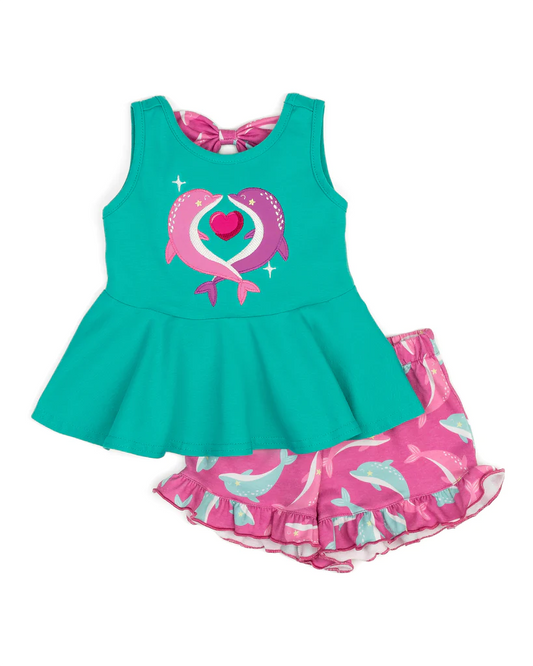 (Pre-order)GSSO1144  Dolphin Green Top Ruffle Shorts Girls Summer Clothes Set