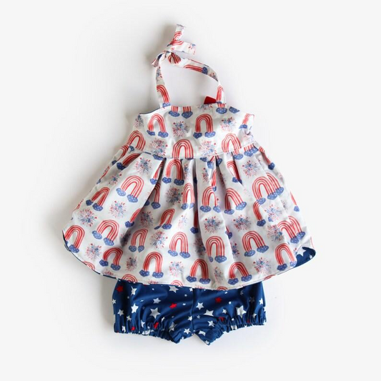 (Pre-order)GSSO1147  Rainbow Fireworks Halter Top Stars Shorts Girls 4th of July Clothes Set