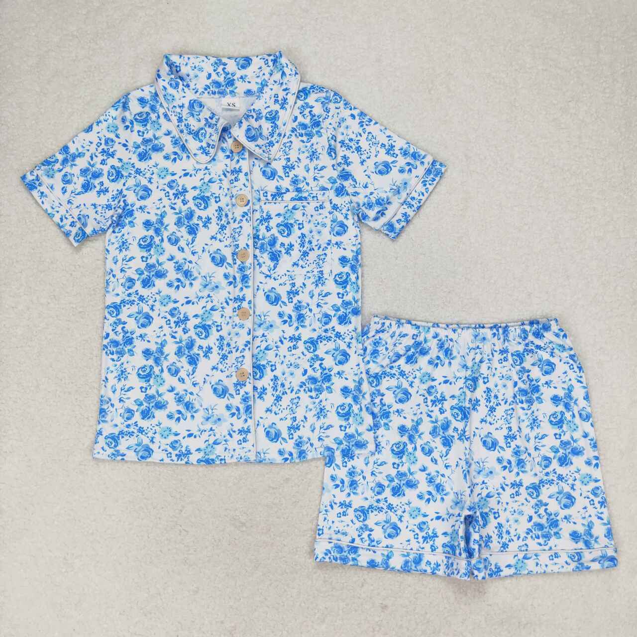 Blue Flowers Print Mom and Me Matching Summer Pajamas Clothes Set