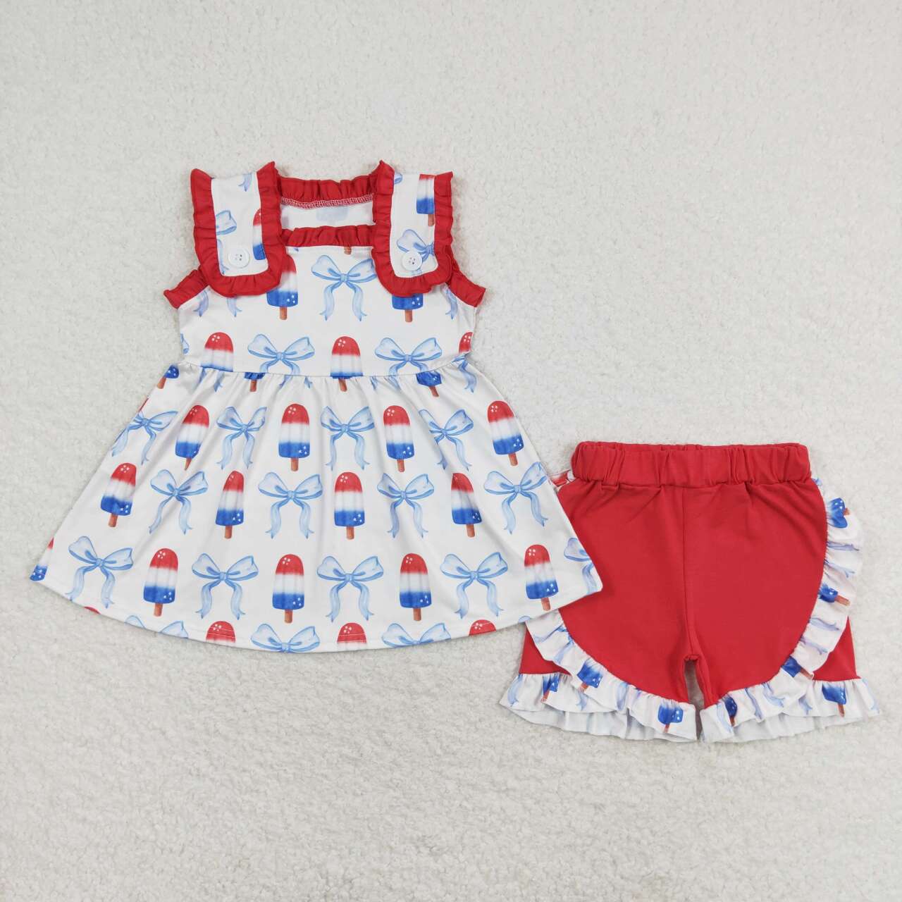 GSSO1152  Popsicle Bows Print Top Ruffle Shorts Girls 4th of July Clothes Set