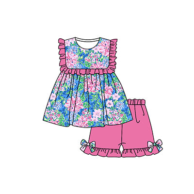(Pre-order)GSSO1155  Flowers Tunic Top Ruffle Shorts Girls Summer Clothes Set