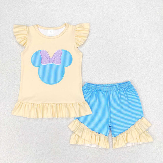 GSSO1159  Cartoon Mouse Yellow Top Blue Shorts Girls Summer Clothes Set