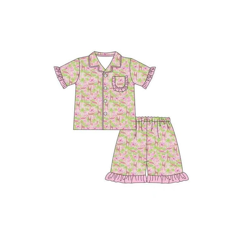 (Pre-order)GSSO1164  Pink Flowers Animals Print Girls Summer Pajamas Clothes Set