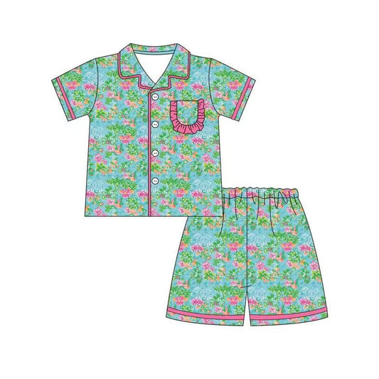 (Pre-order) GSSO1166 Adult Green Flowers Print Summer Pajamas Woman Clothes Set
