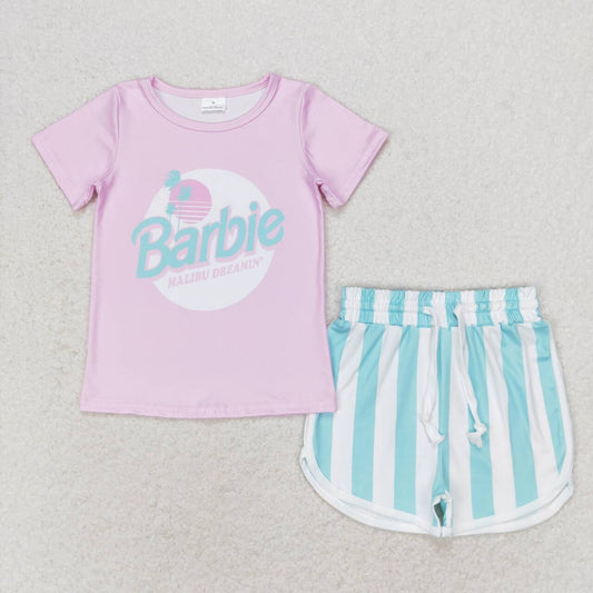 GSSO1168  Pink BA Top Stripes Shorts Girls Summer Clothes Set