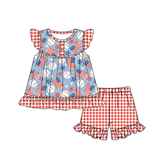 (Custom Design Preorder MOQ 5) Baseball Flags Tunic Top Ruffle Shorts Girls 4th of July Clothes Set
