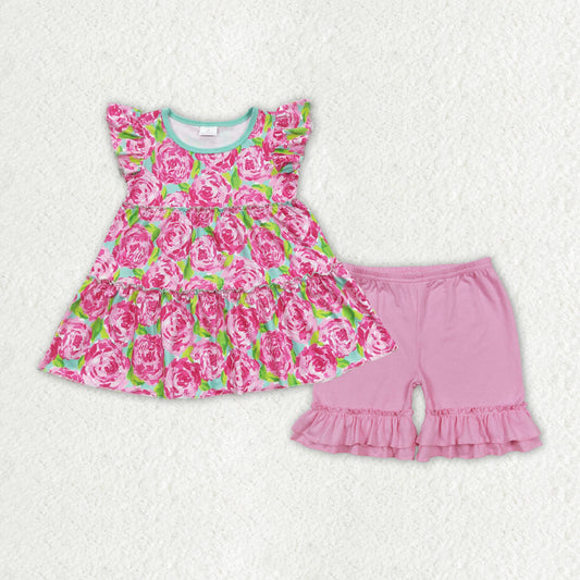GSSO1171 Pink Flowers Top Pink Shorts Girls Summer Clothes Set