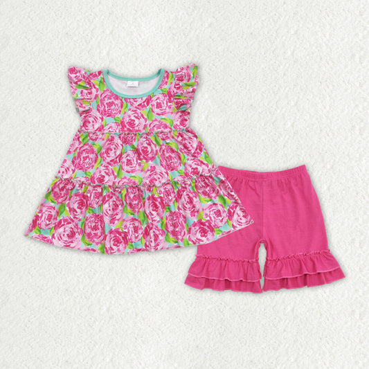 GSSO1172 Pink Flowers Top Hot Pink Shorts Girls Summer Clothes Set