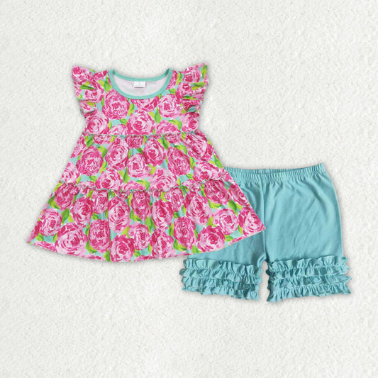 GSSO1173 Pink Flowers Top Blue Shorts Girls Summer Clothes Set