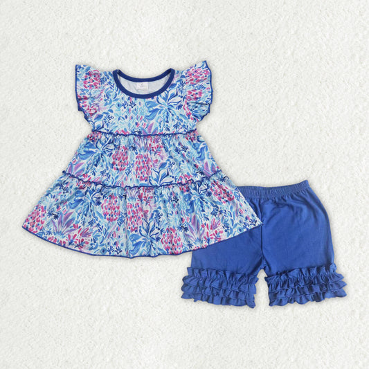 GSSO1174 Blue Flowers Top Icing Ruffle Shorts Girls Summer Clothes Set