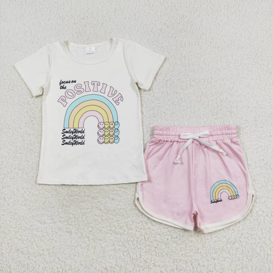 GSSO1175  POSITIVE Rainbow Smiley World Top Pink Shorts Girls Summer Clothes Set