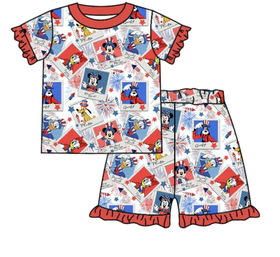 (Pre-order)GSSO1180  Cartoon Mouse Fireworks Print Girls 4th of July Pajamas Clothes Set
