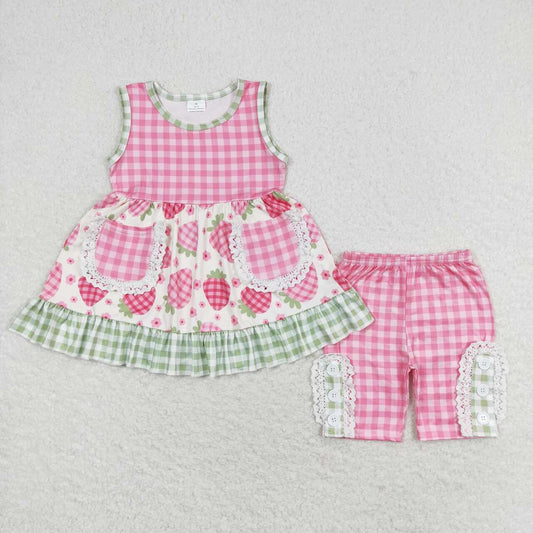 GSSO1183  Strawberry Flowers Pockets Tunic Top Plaid Shorts Girls Summer Clothes Set