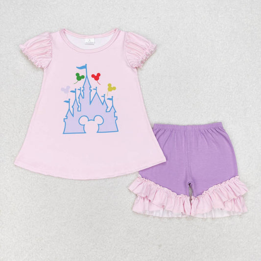 GSSO1185 Cartoon Castle Pink Top Purple Shorts Girls Summer Clothes Set