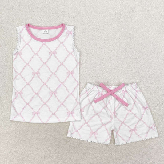 GSSO1187 Pink Bows Print Girls Summer Pajamas Bamboo Clothes Set