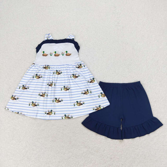 GSSO1189 Duck Embroidery Tunic Top Navy Shorts Girls Summer Clothes Set