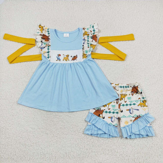 GSSO1191 Cartoon Lion Blue Tunic Top Ruffle Shorts Girls Summer Clothes Set