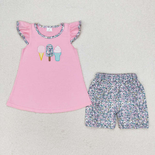 GSSO1193 Popsicle Embroidery Pink Top Flowers Shorts Girls Summer Clothes Set