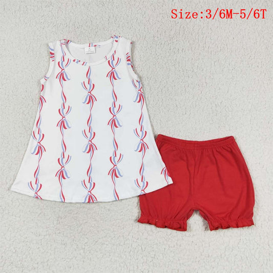 GSSO1199 Bows Print Top Red Shorts Girls 4th of July Clothes Set