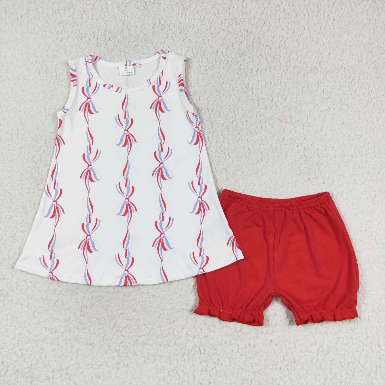 GSSO1199 Bows Print Top Red Shorts Girls 4th of July Clothes Set