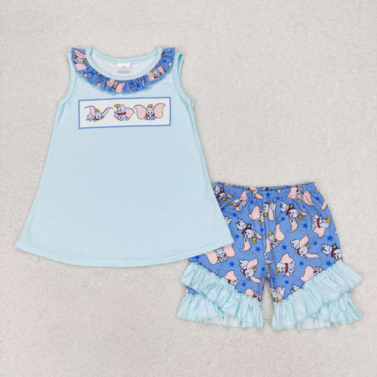 GSSO1203 Cartoon Elephant Top Ruffle Shorts Girls Summer Clothes Set